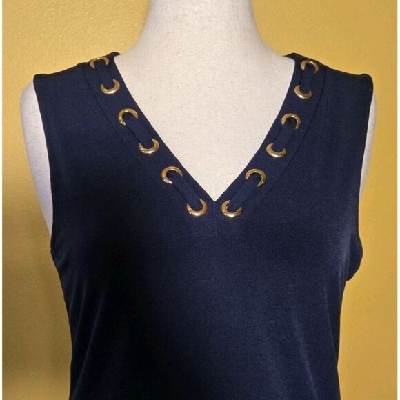 Carmen Marc Valvo Women L Night Life Navy V Neck Gold Rings Sleeveless Coastal E - Picture 2 of 8
